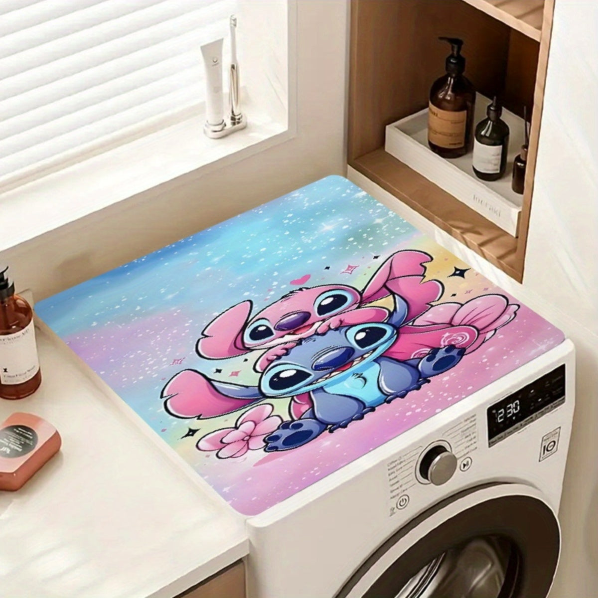 1 pieza de goma de tapa superior de lavadora - Alfombra decorativa con diseño de dibujos animados lindos con estrellas y corazones, diseño juguetón, tapa de lavadora duradera y antideslizante para lavadoras de carga frontal, accesorios de lavadora, decor