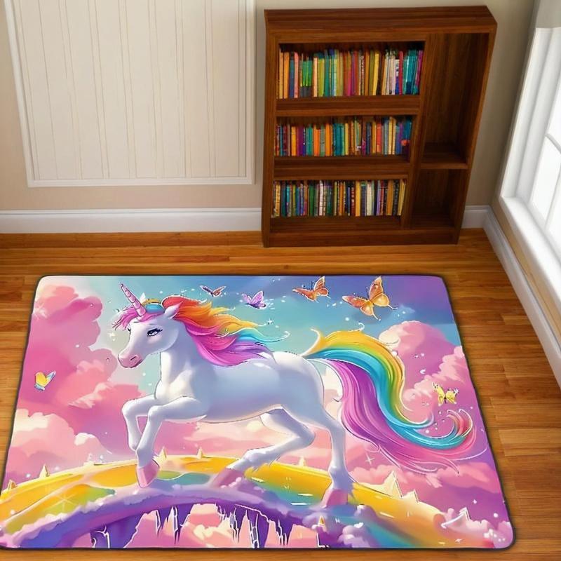 1pc Alfombra de Área de Unicornio Whimsy Woods, 8mm de Grosor, Alfombra de Poliéster con Dibujo de Caballo Fantasía para Dormitorio, Sala de Estar, Entrada - Alfombra Rectangular Lavable a Máquina para Decoración Interior, Alfombras para Sala de Estar, P