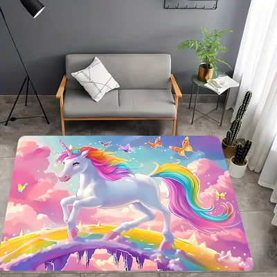 1pc Alfombra de Área de Unicornio Whimsy Woods, 8mm de Grosor, Alfombra de Poliéster con Dibujo de Caballo Fantasía para Dormitorio, Sala de Estar, Entrada - Alfombra Rectangular Lavable a Máquina para Decoración Interior, Alfombras para Sala de Estar, P