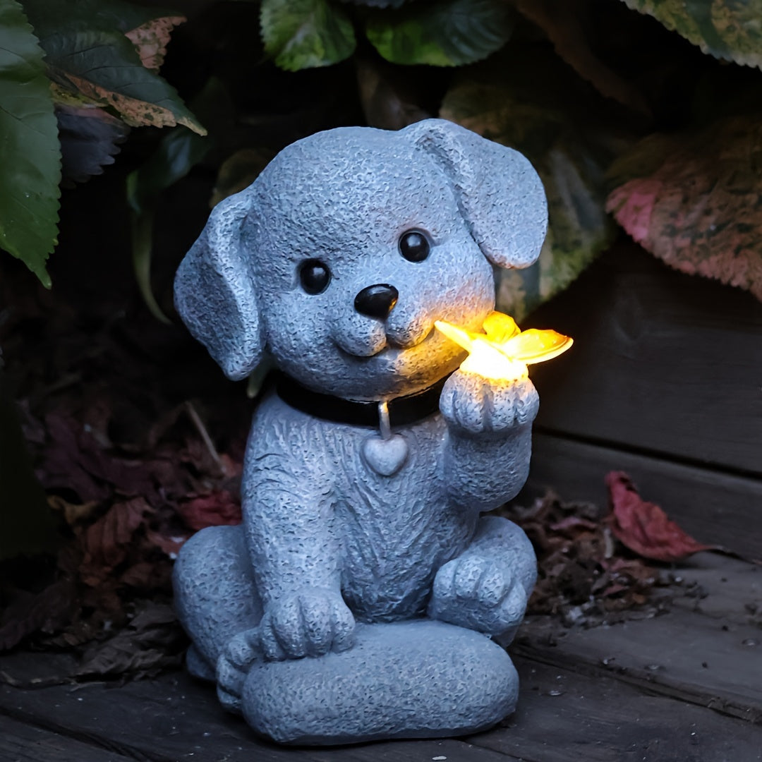 Comodidad diaria] Estatuilla de jardín con perro y mariposa con luz solar - Decoración exterior de resina con flor amarilla brillante, ideal para jardín, patio, balcón o porche, decoración de jardín solar