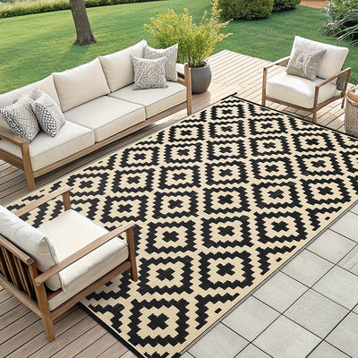 Tapete geométrico duradero de color negro y beige para exteriores - Tapete plegable de plástico para decks, patios, camping, playas y más - Hecho a máquina, ligero y fácil de limpiar, tapete para exteriores | Tapete con patrón geométrico | Tapete de plás