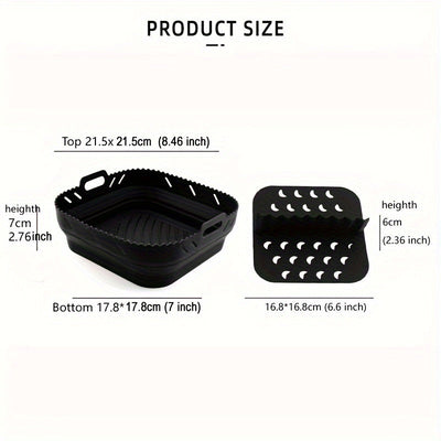 Conjunto de 2 piezas de Bandeja de Silicona para Freidora de Aire de Alta Calidad, 21.59 cm Cuadrada, Resistente al Calor, Fácil de Limpiar, Lavable en Platos, Negro/Gris