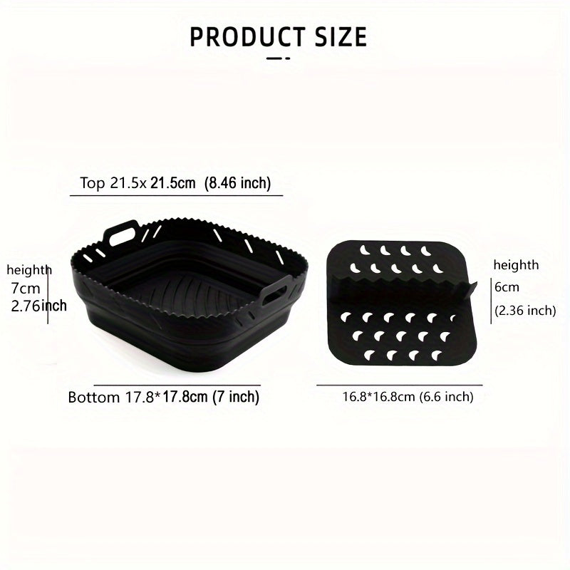 Conjunto de 2 piezas de Bandeja de Silicona para Freidora de Aire de Alta Calidad, 21.59 cm Cuadrada, Resistente al Calor, Fácil de Limpiar, Lavable en Platos, Negro/Gris