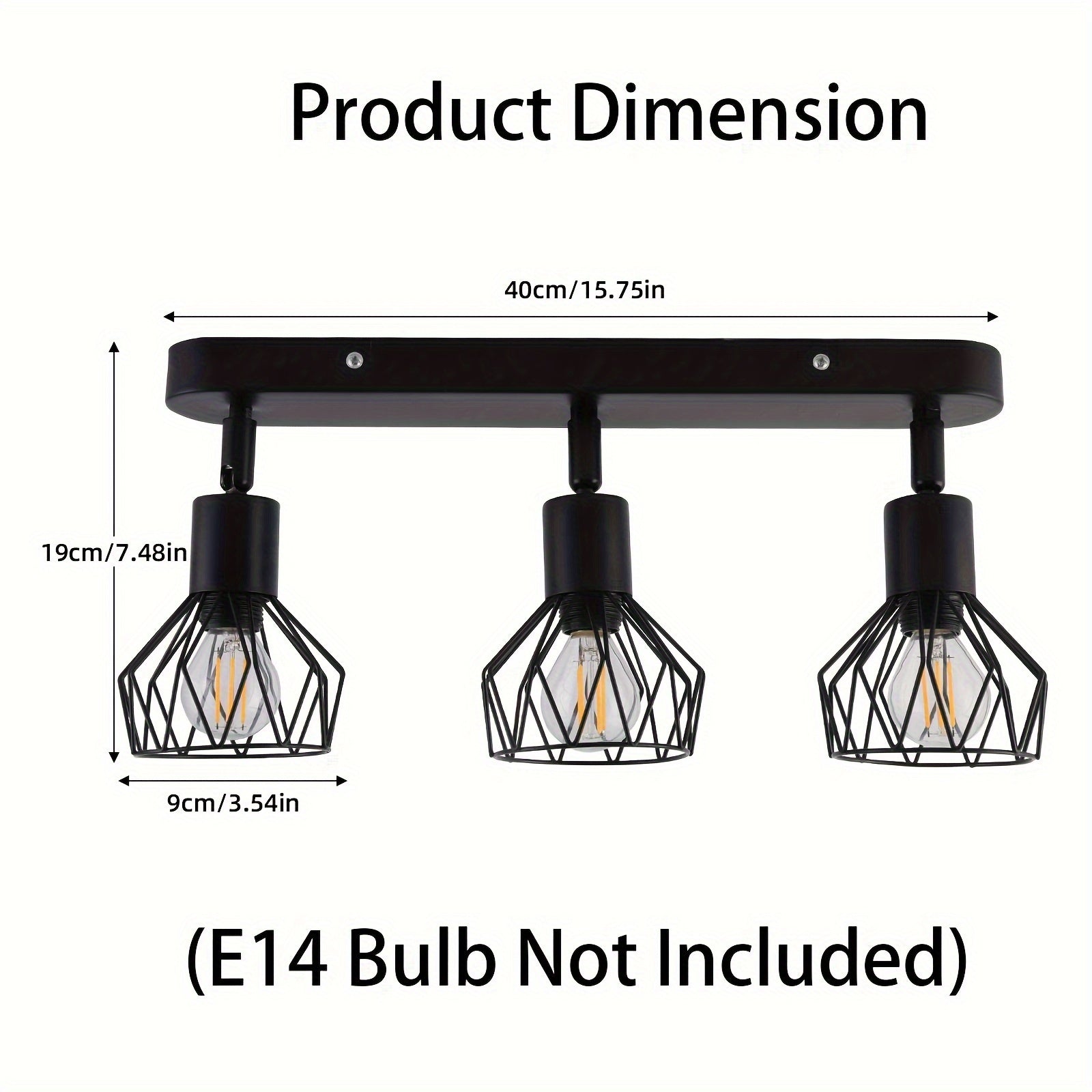 Foco de techo con 3 bombillas, lámpara de techo negra vintage E14 giratoria, lámpara de techo negra con base rectangular, lámpara de techo LED, lámpara para sala o habitación juvenil (bombillas no incluidas)