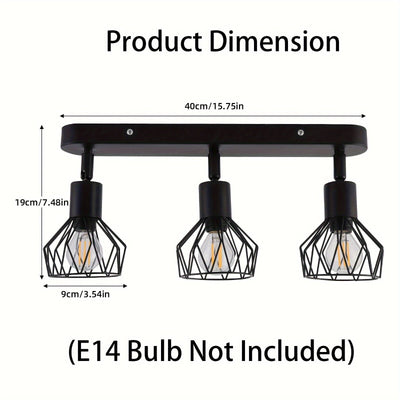 Foco de techo con 3 bombillas, lámpara de techo negra vintage E14 giratoria, lámpara de techo negra con base rectangular, lámpara de techo LED, lámpara para sala o habitación juvenil (bombillas no incluidas)