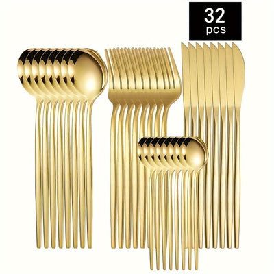 Juego de cubiertos de acero inoxidable dorado pulido, 16/24/32 piezas, en caja de regalo, incluye tenedor, cuchillo y cuchara, apto para lavavajillas, ideal para Navidad, Halloween, Pascua, 4 de julio y otras celebraciones