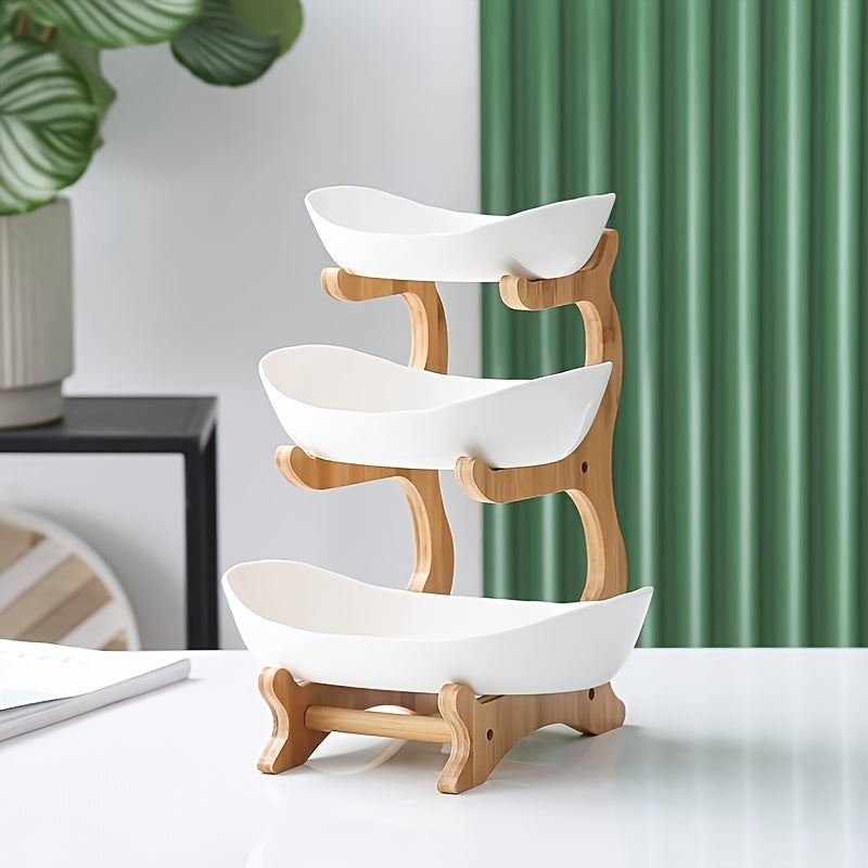 1 plato frutero europeo de 3 niveles con soporte de bambú, bandeja de plástico resistente y seguro para alimentos, organizador de cocina, pieza de servir elegante, acabado natural, ideal para cocina, comedor, fiestas y decoración del hogar