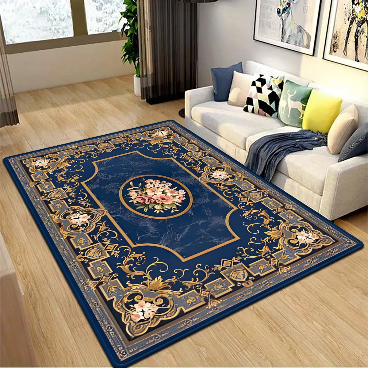 Una alfombra cuadrada con fondo azul y patrones dorados, con diseños florales vintage, adecuada para decorar dormitorios y salones, para uso interior.