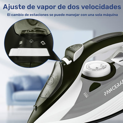 Plancha compacta y potente PANCERKA para todo tipo de telas, incluyendo lana, poliéster, seda, lino y nylon. Incluye función de vaporizador, placa antiadherente, tecnología SmartSteam, sistema antigoteo y apagado automático