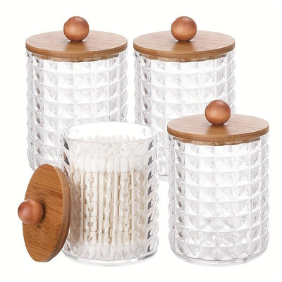 4 frascos dispensadores para bolas de algodón, hisopos, discos redondos y palillos de hilo dental - Frasco de plástico de 10 oz con tapa marrón para organización en el baño