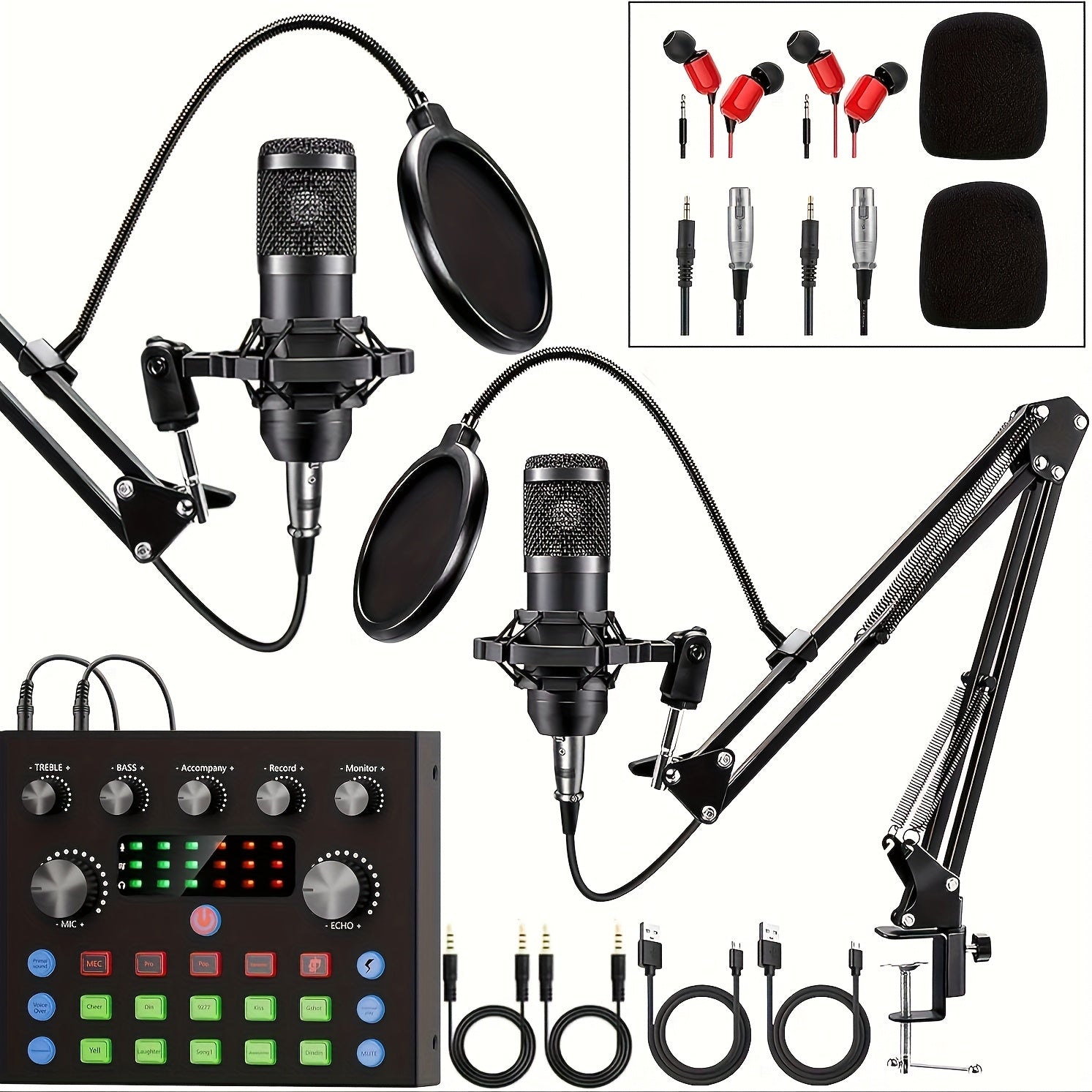 Kit de podcast para 2 personas con micrófono de condensador transformador, interfaz de audio y mezclador integrado - Ideal para gamers, transmisiones en vivo y canto, color negro, batería de litio recargable, conexión USB dual, equipo de audio para gamin