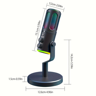 RIKSOIN USB Micrófono de condensador para juegos con luces RGB, Plug & Play con cancelación de ruido - Calidad de sonido profesional, brazo y soporte ajustables, alimentado por USB-C para juegos de PC, podcasting, transmisión en vivo, karaoke, videoconfe
