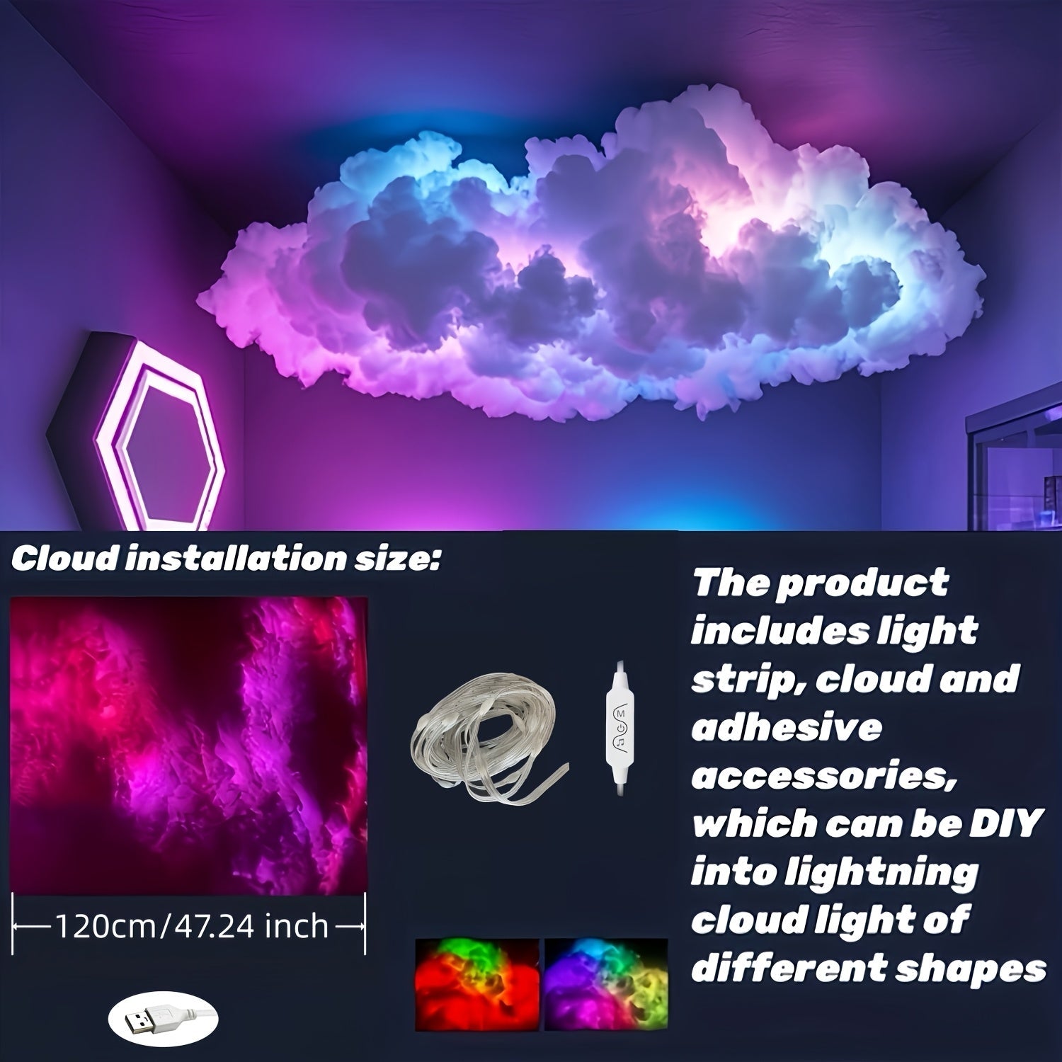 Luces de Nube con Rayo 3D, Tira LED Cambia Siete Colores al Ritmo de la Música - Ideal para Salas de Juegos, E-Sports y Dormitorios, Ambiente Luminoso
