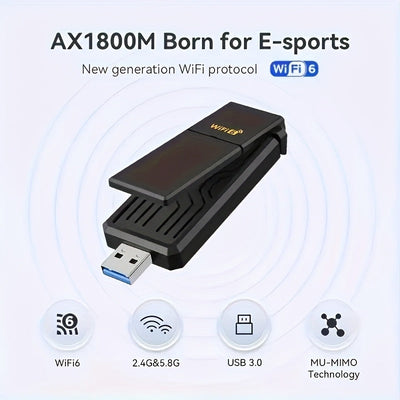 Adaptador sin varillas WiFi 6 USB 3.0 de 1800Mbps, Compatible con PC y Portátil, Adaptador USB WiFi 802.11ax con Tecnología Super USB 3.0 y Seguridad WPA3, Antena Dual de Alta Ganancia 5dBi, Receptor/Transmisor Banda Doble 5.8G/2.4G
