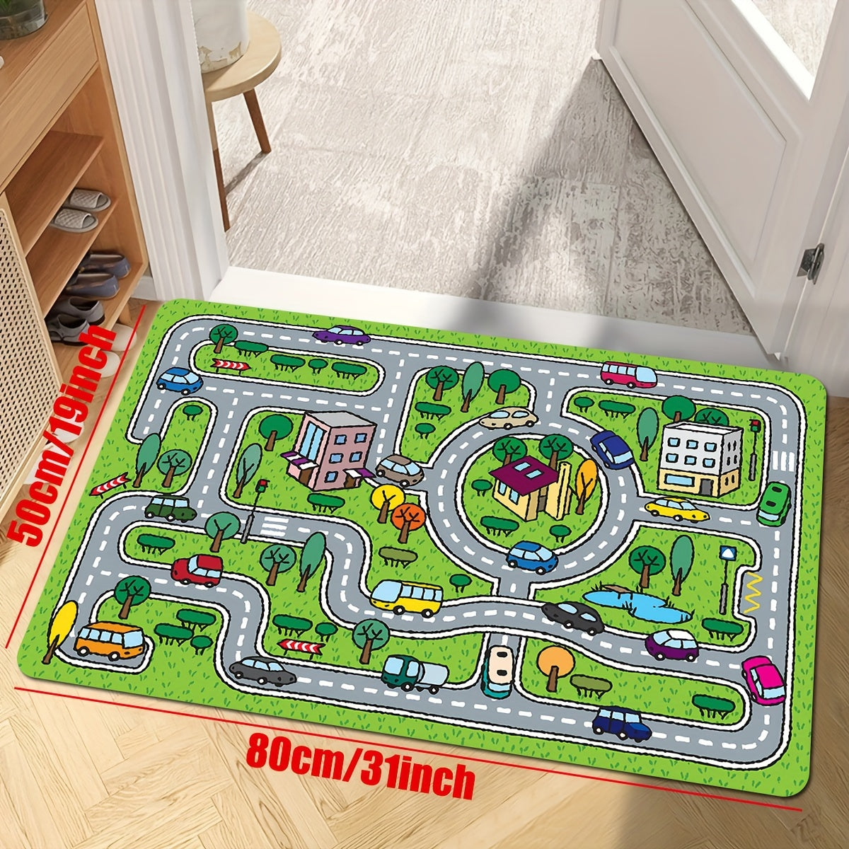 1 pieza de alfombrilla de juego temática de dibujos animados - Poliéster duradero y resistente a la decoloración, tamaño grande, diseño de bloques de carreteras y edificios coloridos para decoración de habitaciones de juego, salas de estar o dormitorios,