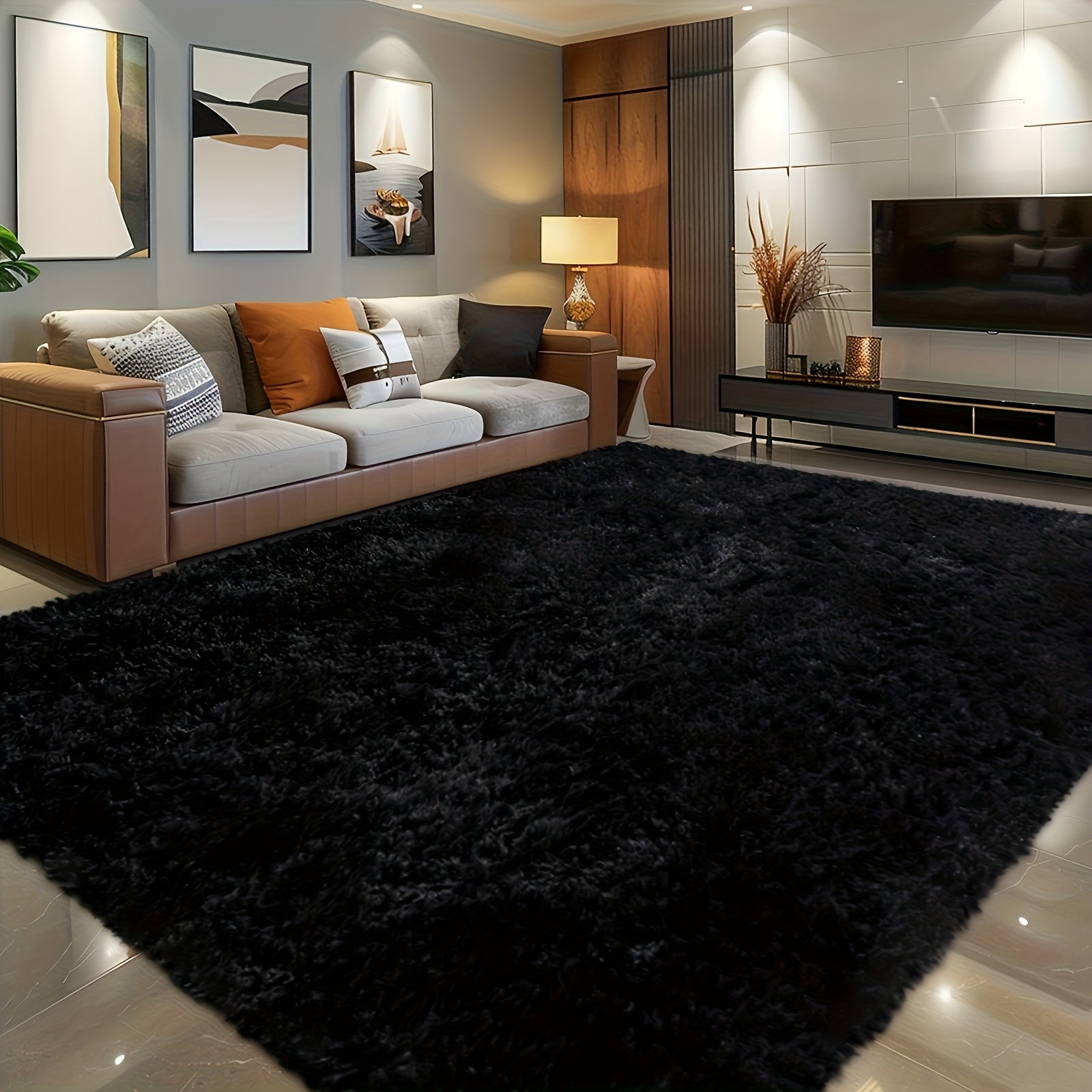 Alfombra de pelo largo negro de lujo - Ultra suave, peluche grueso de piel sintética, respaldo antideslizante, ideal para sala, dormitorio y decoración del hogar, alfombras para sala