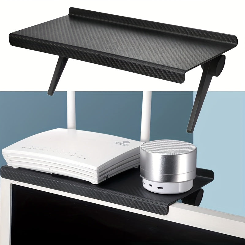 Estante flotante resistente estilo fibra de carbono negro para TV, computadora y router, organizador ahorrador de espacio para oficina en casa, sala o habitación, ángulo ajustable, construcción duradera de plástico y metal, organizador de electrónicos |