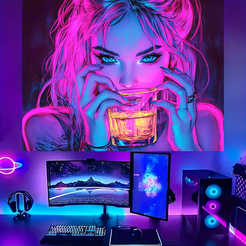 1 ud., tapiz fluorescente, patrón de arte de chica bebiendo neón 2D/Plano, decoración psicodélica para paredes, decoración multiusos para el hogar, interior y exterior, decoración de sala de estar, decoración de habitaciones, decoración para salas de jue