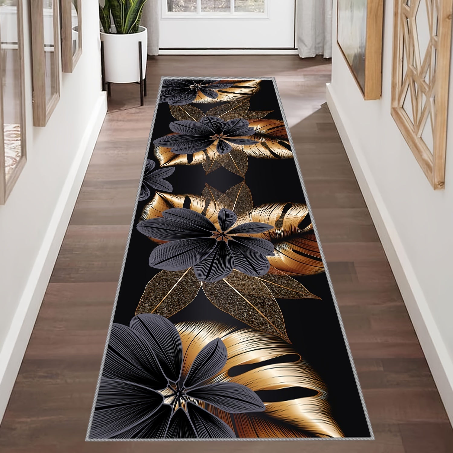 1 pieza de Terciopelo Cristal de 800g con Grosor de 0.8cm, Fondo y Blanco con Patrón Dorado Largo, Alfombra de Poliéster de Lujo, Antideslizante para Puerta, Ligera, Adecuada para Dormitorio, Porche y Espacio Interior, Lavable a Máquina, Estera Larga