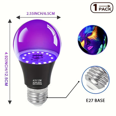 Bombilla de Luz Negra Kasotile, Bombilla LED de 12W de Luz Negra, Adecuada para Decoración de Halloween, Luz Negra UV UVA 385-400nm, Bombilla de Luz Negra A19, Adecuada para Luminar en la Oscuridad, Póster Luminoso de Cuerpo Humano Colorido para Fiestas,