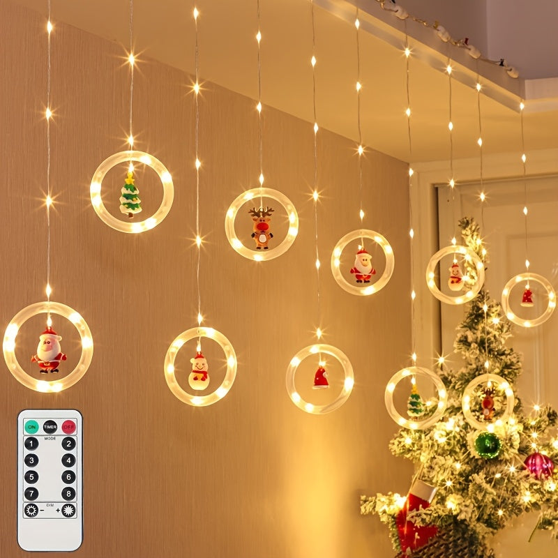 Luces de Cortina LED LiHangStar con Adornos de Santa, Muñeco de Nieve y Alce - Control Remoto por USB, Regulables en 8 Modos, Luces Estelares Amarillas Cálidas para Dormitorio Navideño, Fiesta, Boda, Cobertura de 15m²