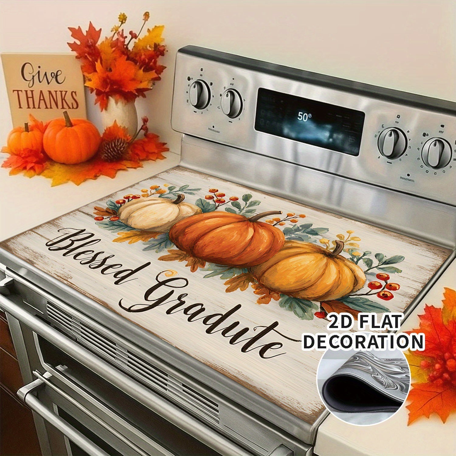 1pc Cubierta Decorativa para Estufa de Acción de Gracias - con Calabaza, Texto "Graduado Bendecido" - Protector Antirrayas con Forro de Goma para Estufas a Gas/Eléctricas - Ajuste para Estufas Eléctricas Estándar - Decoración para Acción de Gracias, Otoñ