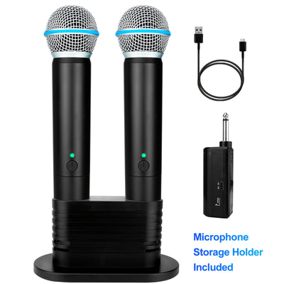 Micrófono inalámbrico doble digital dinámico con micrófono y receptor recargables, alcance de 48.77 metros, para cantar, karaoke, reuniones, iglesia, bodas, incluye soporte de almacenamiento