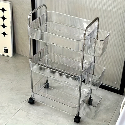 Carro de Almacenamiento Acrílico con Ruedas de Tres Niveles, Organizador Transparente Multicapa con Marco Triple de Aluminio para Baño, Cocina y Sala | Diseño Giratorio 360°, Estructura Moderna en Plástico Portátil para Fácil Acceso