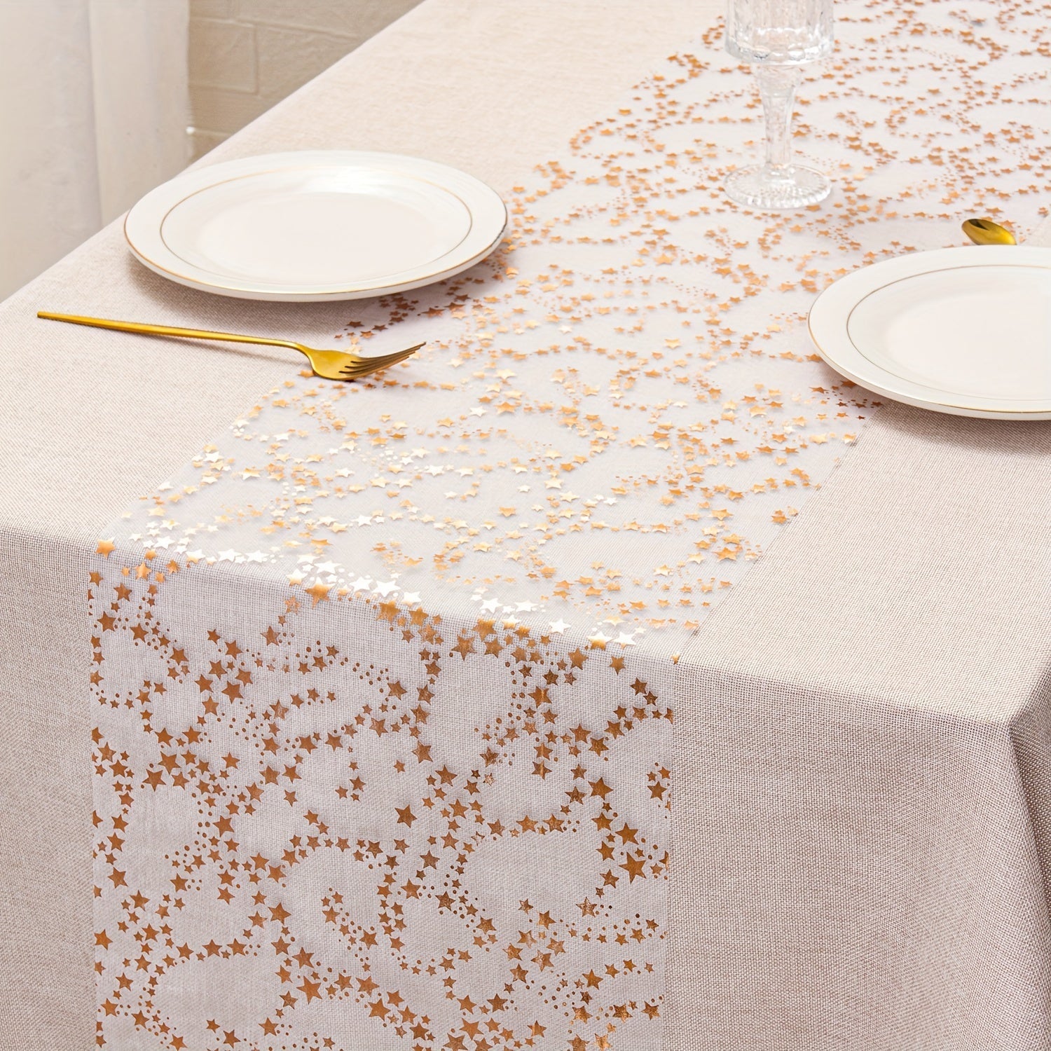 1 unidad de mantel de lona dorada de 11x108 pulgadas y 11x196 pulgadas, mantel de estrellas con lentejuelas brillantes, diseño de estrellas metálicas, dorado/rose dorado/plata, tela de poliéster, decoración de mesa festiva para Navidad, boda, cumpleaños,