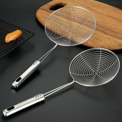 1pc cesta de malla de acero inoxidable con mango reforzado, filtro doble gancho para aceite, adecuada para fideos fritos, colador doméstico