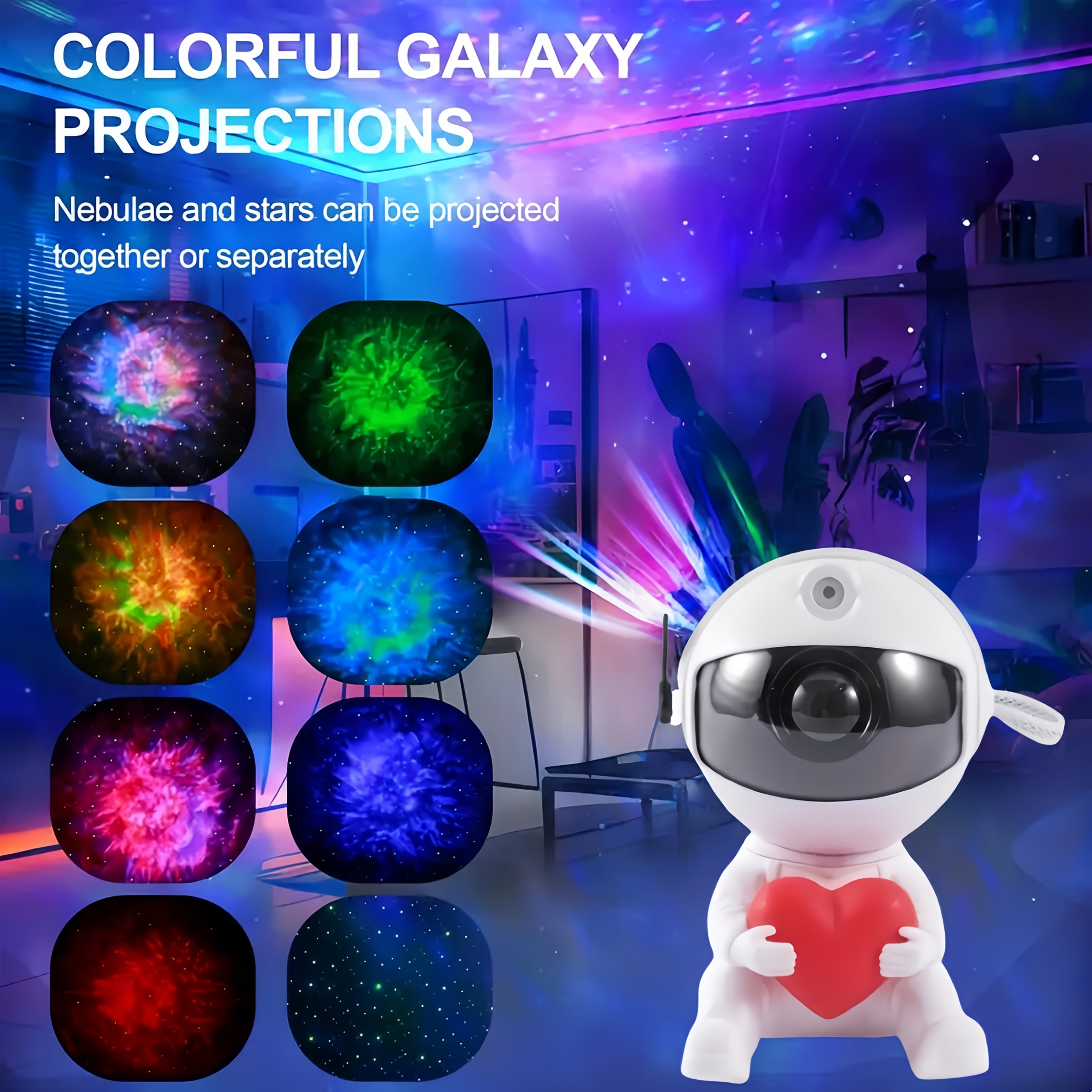 Proyector de Astronauta con Amor para Hogar, Luz Nocturna, Lámpara USB, Luz LED de Techo Nebulosa, Proyector USB, Proyector de Cielo Estrellado RGB, para Luz Galáctica, Lámpara Decorativa Ambiental, Luz de Adorno, Luz de Fiesta, Conector USB, Cambio de C