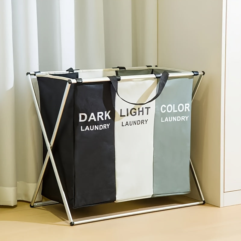 Organizador de Cesto para Ropa con 3 Secciones y Compartimentos Codificados en Color Oscuro/Claro/Oscuro - Tela Duradera y Estructura de Aluminio, Diseño Rectangular Moderno para Hogar, Hotel o Habitación Infantil, Construcción Robusta