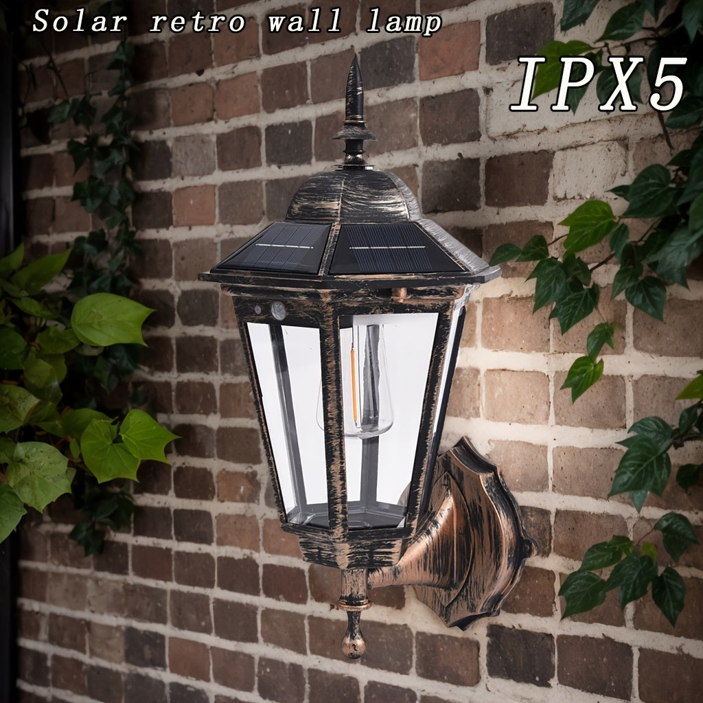 Lámpara de pared solar LED vintage - 3 modos de iluminación, luz decorativa retro, luz exterior para jardín, recargable con energía solar, ideal para porche, jardín o patio, fácil instalación