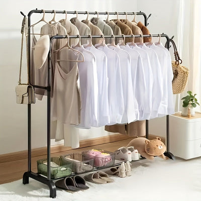 1pc Perchero clásico de doble varilla, gran capacidad de hierro y plástico, de pie con estantes para abrigos, sombreros, zapatos - Ideal para dormitorio, balcón, almacenamiento de baño - Fácil autoensamblaje, perchero autoensamblado | Elegante acabado ne