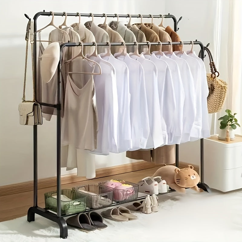1pc Perchero clásico de doble varilla, gran capacidad de hierro y plástico, de pie con estantes para abrigos, sombreros, zapatos - Ideal para dormitorio, balcón, almacenamiento de baño - Fácil autoensamblaje, perchero autoensamblado | Elegante acabado ne
