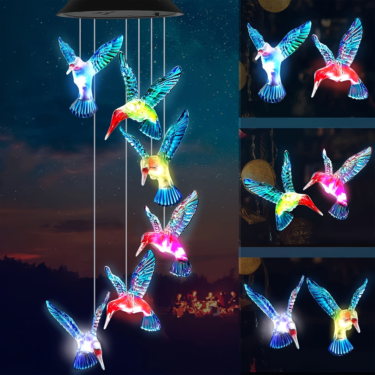 Campanitas de viento con luces LED solares en forma de colibrí, decoración colorida y vibrante para jardines y patios, luces solares para exteriores, comedero para colibríes