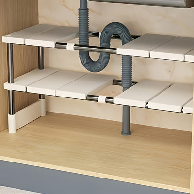 Organizador Extensible de 1 Nivel para Debajo del Fregadero - Acero Inoxidable y Plástico, Ajustable y Espacioso para Cocina y Baño, Instalación Fácil con Guía, Idea de Regalo para el Día del Padre, Diseño Moderno y Limpio, Postes Metálicos