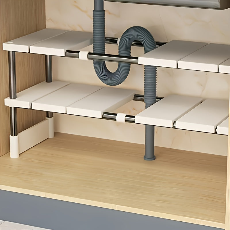Organizador Extensible de 1 Nivel para Debajo del Fregadero - Acero Inoxidable y Plástico, Ajustable y Espacioso para Cocina y Baño, Instalación Fácil con Guía, Idea de Regalo para el Día del Padre, Diseño Moderno y Limpio, Postes Metálicos