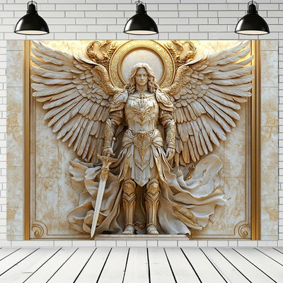 1pieza Estilo Glam Estatua de San Miguel Arcángel Telón de Tela, Ornamento de Poliéster Colgado para Salón y Decoración de Habitación, Ajuste General, No Requiere Electricidad ni Plumas