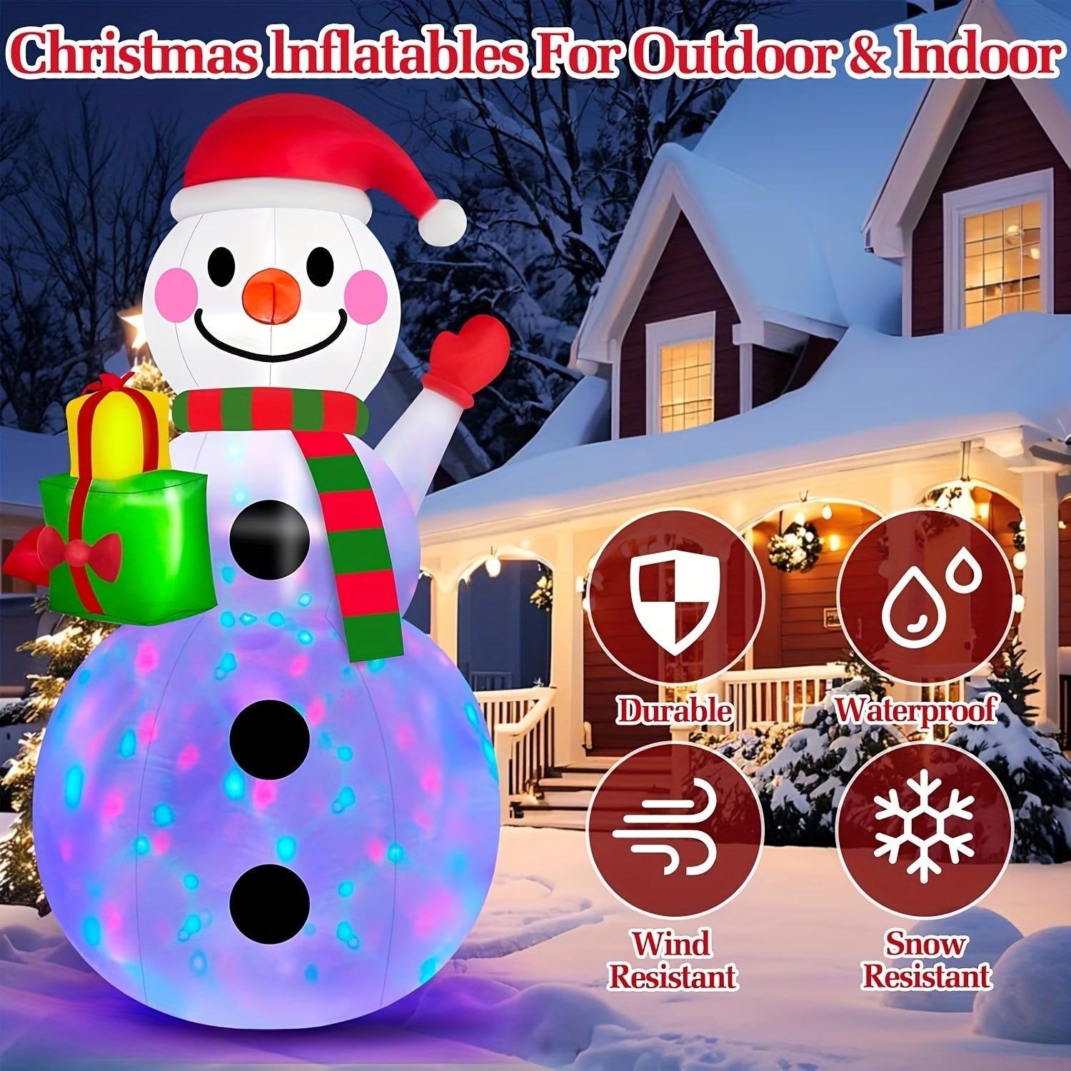 Decoración navideña de muñeco de nieve para exteriores, blanco en poliuretano con luces LED multicolor, diseño independiente, incluye gorro de Santa y bufanda, iluminación multicolor, ideal para jardín y patio, enchufe 110-240V, decoración festiva