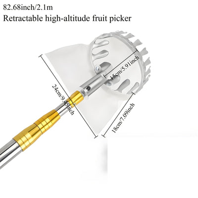 Pica de frutas telescópica portátil de acero inoxidable - Agarre antideslizante duradero sin rastros para mango, tomate, cerezas y más - Herramienta de cosecha manual con mango ergonómico y cesta de almacenamiento segura