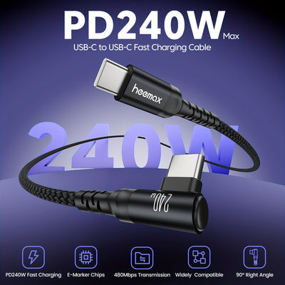Cable de carga rápida HEEMAX de 240W, con diseño de ángulo recto C a C y USB-C a USB-C, con diseño de 90°, transferencia de datos de alta velocidad, cable trenzado duradero para teléfonos inteligentes y portátiles, cable de carga para teléfono, accesorio