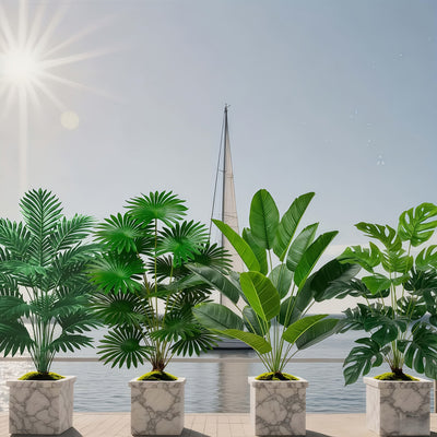Juego de 4 piezas para todas las estaciones, incluye 48 plantas artificiales de hojas grandes. Adecuado para exteriores - árboles decorativos tropicales de hoja ancha, macetas para interiores y exteriores todo el año, estilo nórdico para bodas