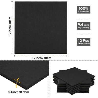Paneles de espuma de sonido autoadhesivos HERTBER, paquete de 12, negro, baldosas acústicas de alta densidad para oficina, sala de reuniones, sala de estar, estudio, sala de música, sala de juegos, cine - Material de absorción de sonido