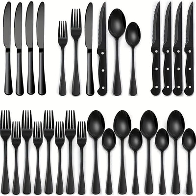 Juego de 24 piezas de cuchillería occidental de alta calidad de acero inoxidable, con cuchillo, tenedor y cuchara. Cuchillo de cuchillo de carne, cuchillo de bistec, cubertería negra. Cubertería de plata de acero inoxidable, cuchillo de postre, tenedor y