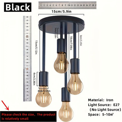 Lámpara de techo estilo industrial negra con 4 portalámparas E27, ideal para dormitorios, cocinas y pasillos, diámetro de 15 cm / 5.9 pulgadas. Verificar tamaño antes de comprar (focos no incluidos)