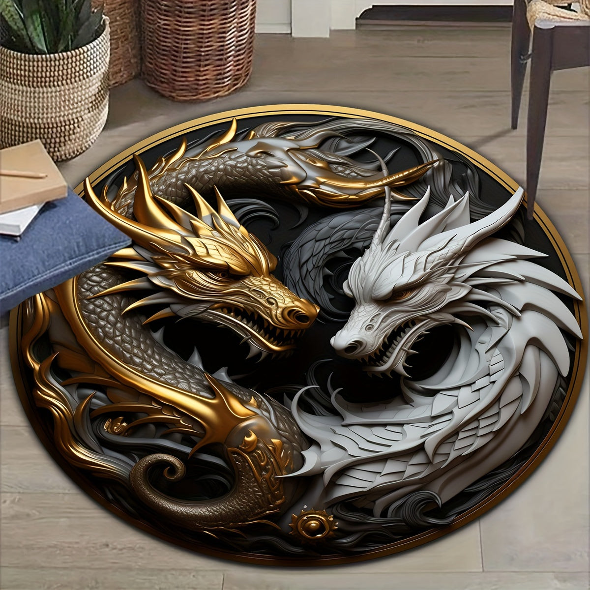 Elegante Dragón y Rosa Patrón Alfombra Redonda - Suave Poliéster, Antideslizante, Lavar a Máquina, Ideal para Dormitorio, Salón, Cocina y Decoración de Pasillo, Decoración de Dormitorio|Alfombra de Piso Artística|Cubierta de Piso Duradera, Decoración de