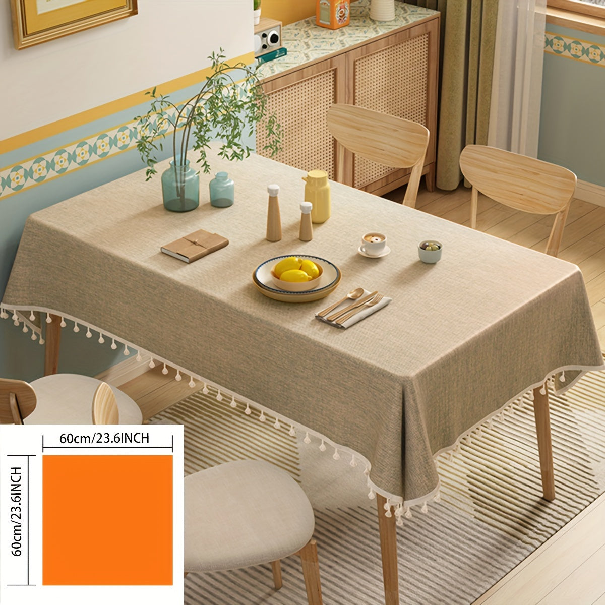 1 pieza Mantel Rectangular Azul Claro - Estilo Nórdico de Fácil Cuidado para Mesas de Comedor y Café, Color Sólido con Detalle de Flecos de Pompones Blancos, Perfecto para la Cocina o el Comedor Moderno, Mantel Diario | Decoración al Estilo Nórdico | Tel