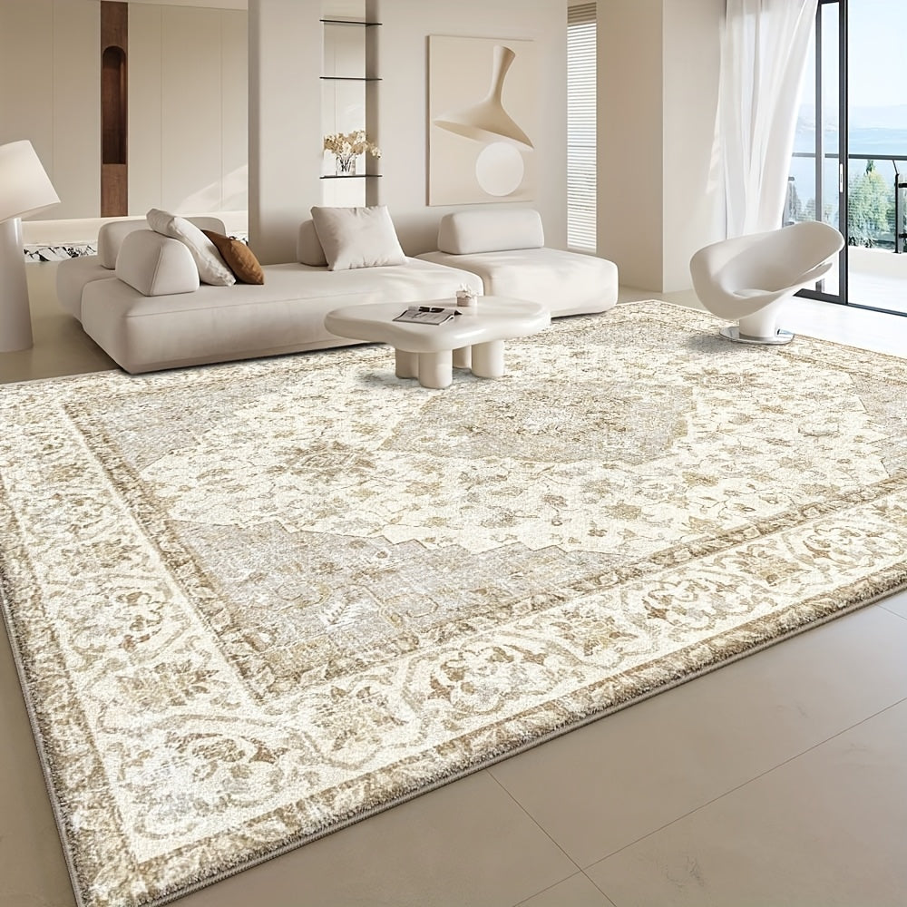Alfombra grande de felpa aterciopelada con diseño floral y geométrico - 850 g/m², antideslizante, lavable a máquina, mezcla de poliéster - diseño en beige claro y crema para sala, dormitorio, oficina - alfombra decorativa liviana, decoración para sala de