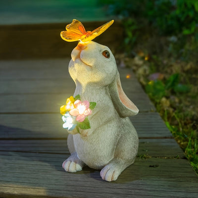 Estatuilla de Conejo Decorativa para Exteriores con Luz Solar en Forma de Mariposa IPX4, Estatua de Jardín para Patio, Balcón o Césped - Regalos Únicos para Inauguración de Casa